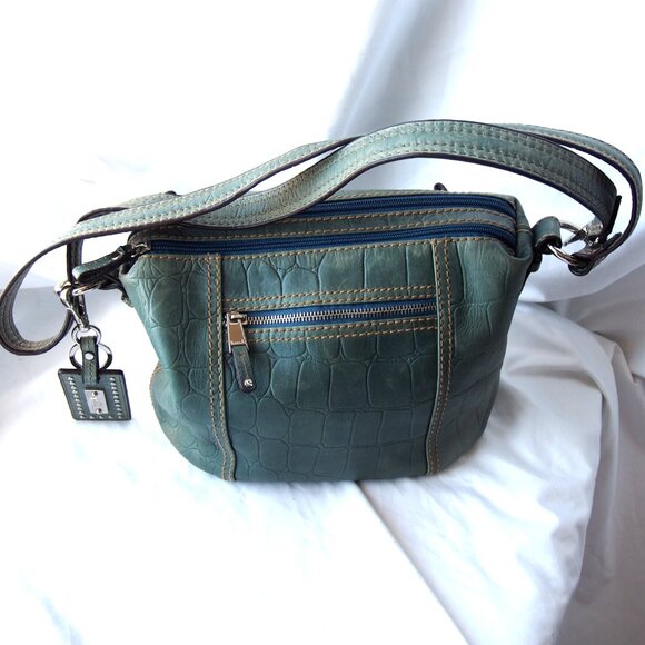 Tignanello Teal Croc Print Leather Convertible Crossbody/Shoulder Bag W/Hangtag - Picture 1 of 16